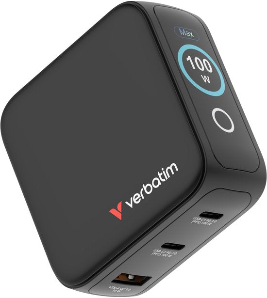 Chargeur Verbatim Mini Gan 100 W, 2 ports USB-C, 1 port USB-A, QC, pour Apple MacBook et iPhone
