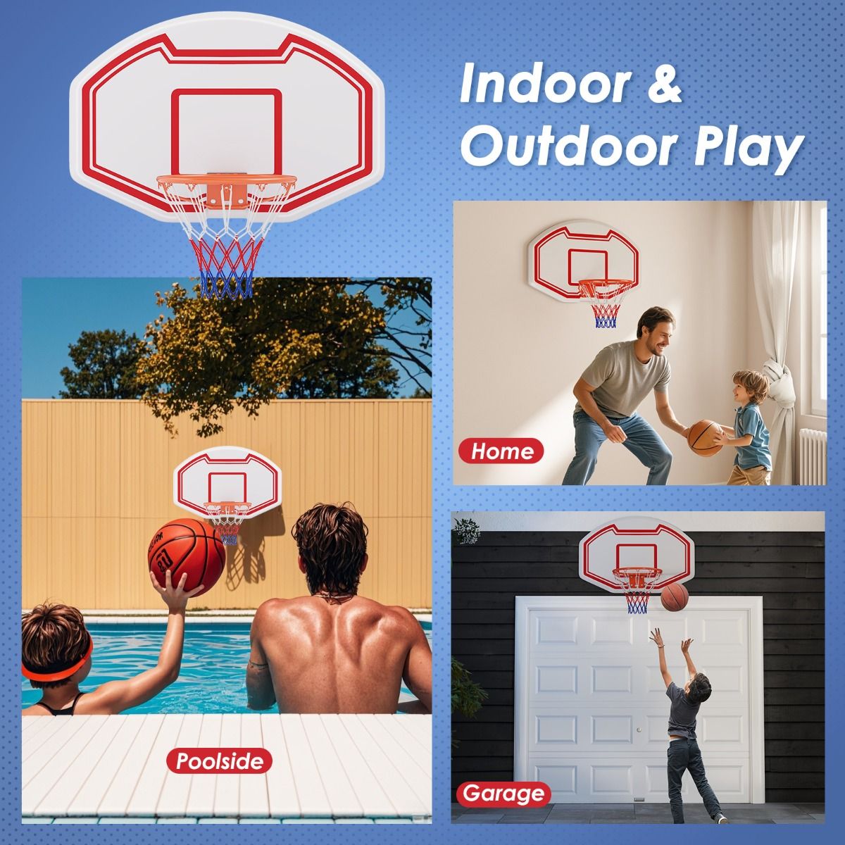 Panier de basket-ball Coast Professional Ø45 cm avec panneau de fond robuste en PE 91x61 cm - Intérieur et extérieur, blanc/rouge