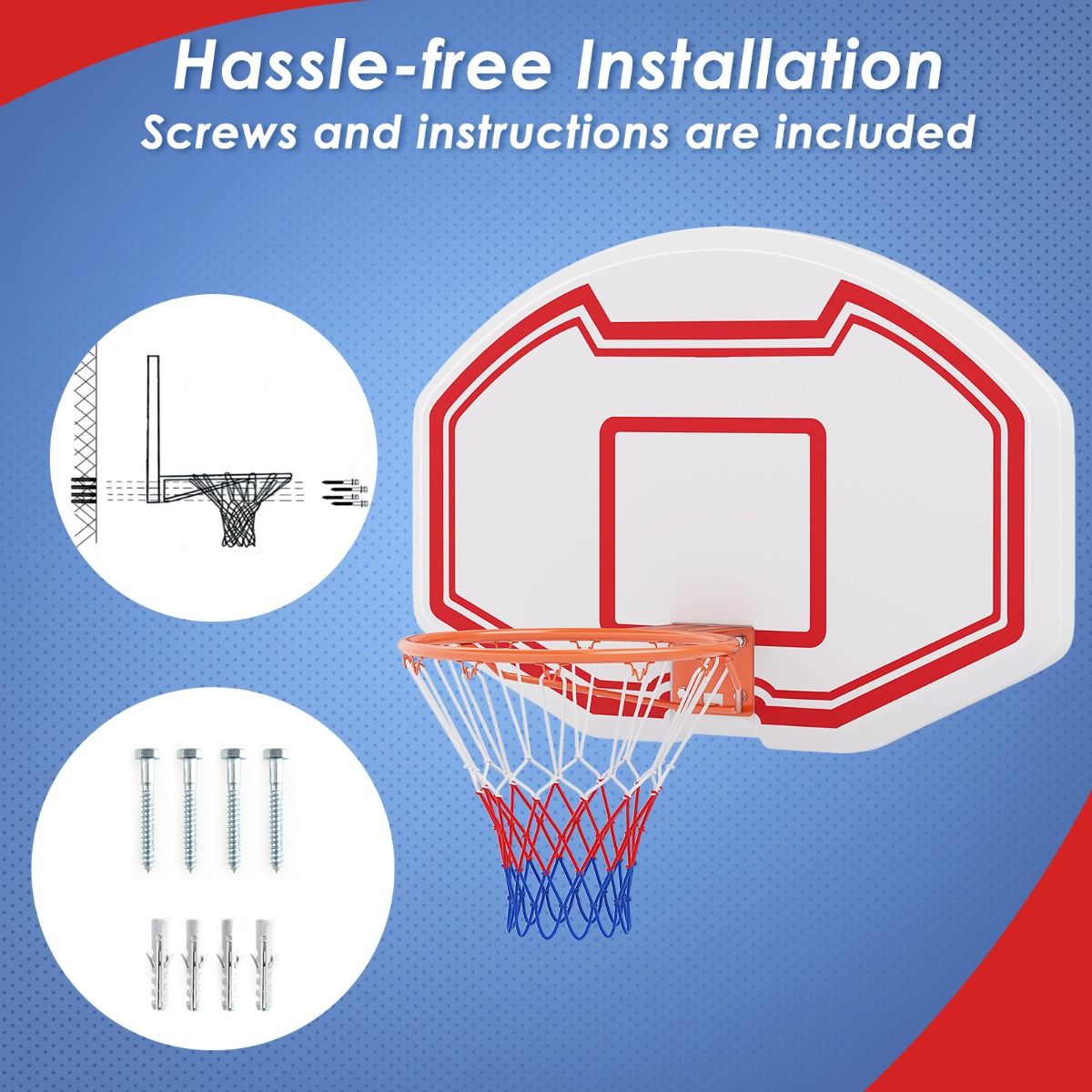 Panier de basket-ball Coast Professional Ø45 cm avec panneau de fond robuste en PE 91x61 cm - Intérieur et extérieur, blanc/rouge