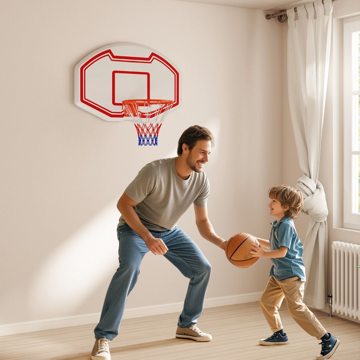 Panier de basket-ball Coast Professional Ø45 cm avec panneau de fond robuste en PE 91x61 cm - Intérieur et extérieur, blanc/rouge