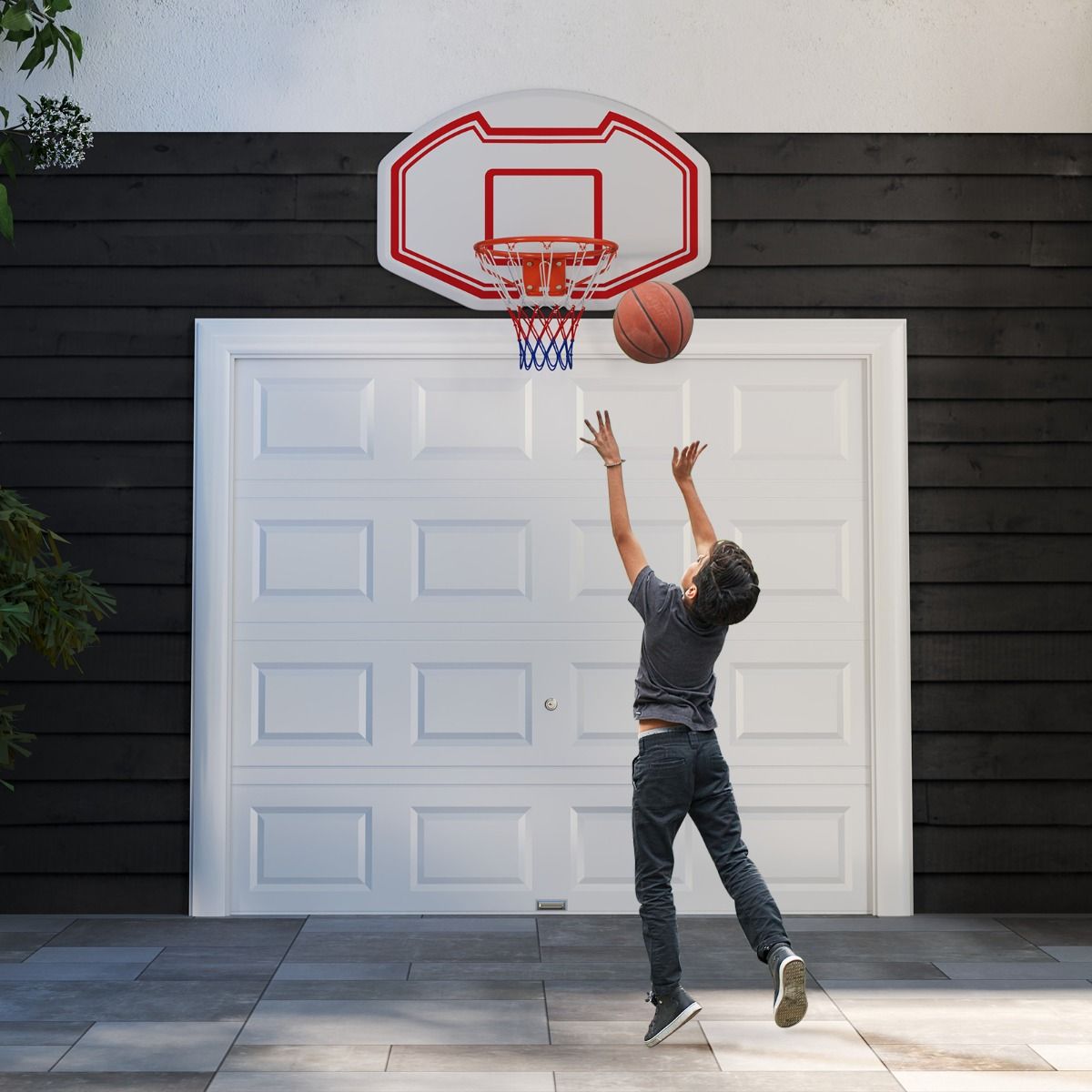 Panier de basket-ball Coast Professional Ø45 cm avec panneau de fond robuste en PE 91x61 cm - Intérieur et extérieur, blanc/rouge