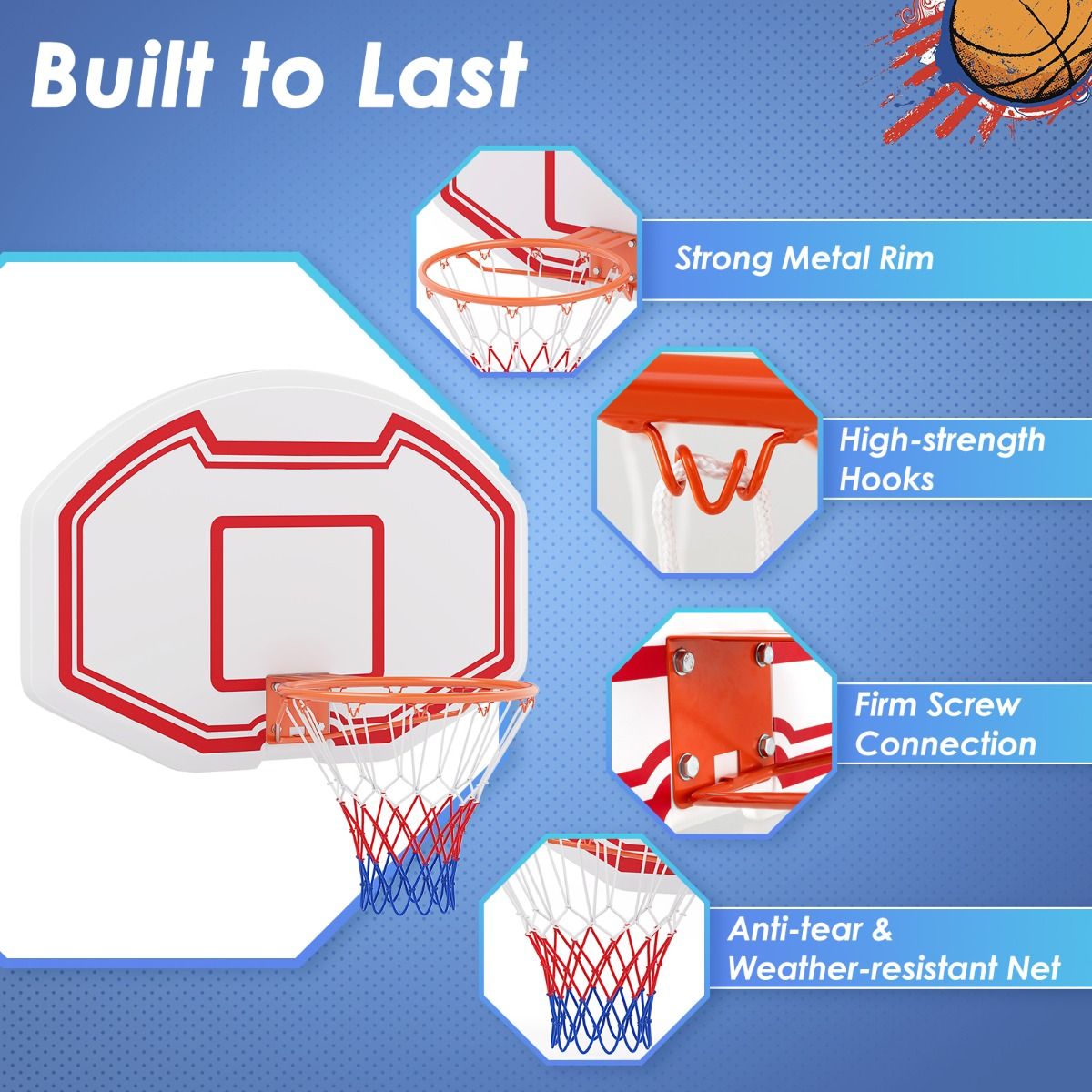Panier de basket-ball Coast Professional Ø45 cm avec panneau de fond robuste en PE 91x61 cm - Intérieur et extérieur, blanc/rouge