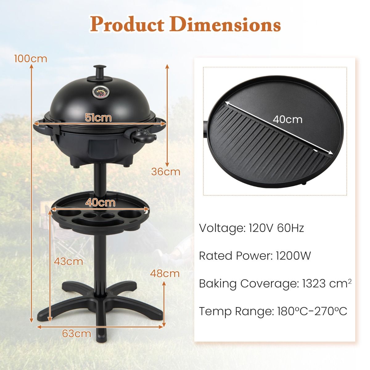 Coast Electric 2-in-1 barbecue & table grill - Ø 40 cm grill noir avec support amovible (63 × 100 cm)