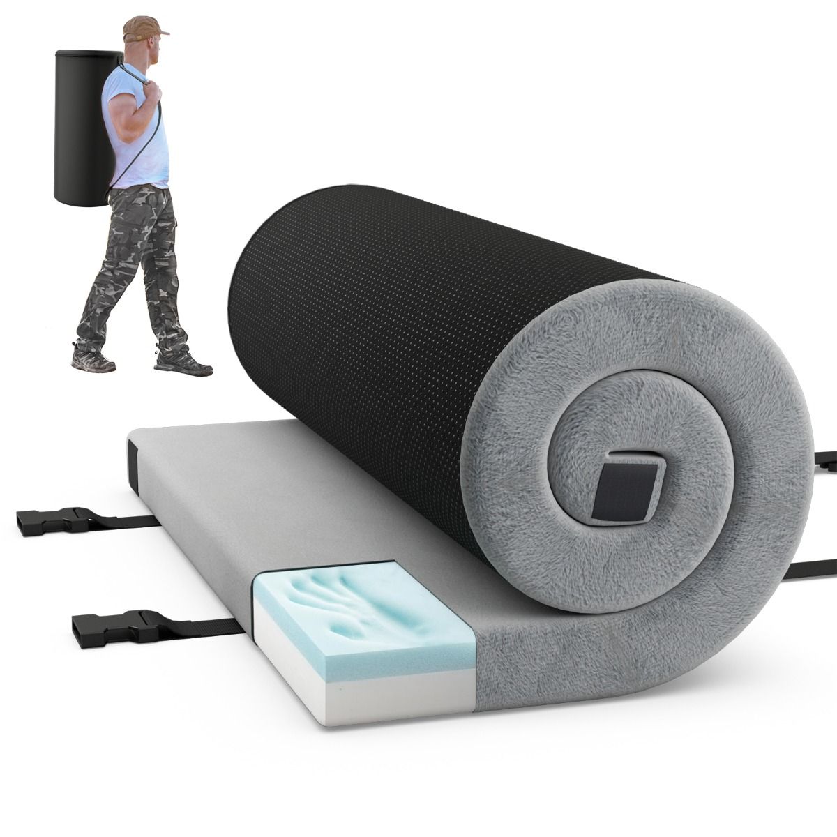 Coast Matelas de Camping Pliable 188x97x6.5 cm - Gris - Matelas confortable en mousse à mémoire de forme et sac de transport