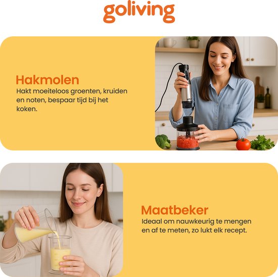 Goliving Hand Blender Set 5-in-1 - Hachoir - Tasse à mesurer - Fouet - 1000W - Accessoires lavables au lave-vaisselle - acier inoxydable - Noir