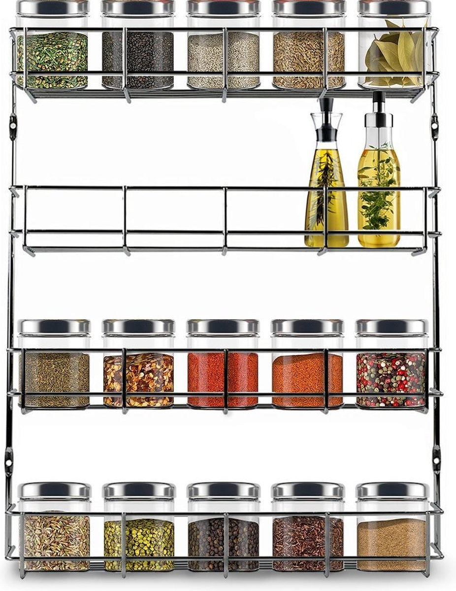 Support à épices suspendu pour 32 pots d'épices KitchenBrothers - Support de cuisine - Organisateur d'épices - Stockage d'épices - 4 couches - 40 x 6.3 x 50 cm - acier inoxydable