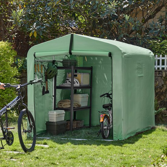 SoBuy KLS11-L-GR Garden House, armoire étanche pour l'extérieur, rangement pour motos avec crochets, garage pour vélos et rangement pour outils, rangement pour vélos, espace de stockage, vert, 159x219x165 cm