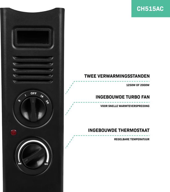 VONROC Chauffage électrique - Convecteur avec ventilateur de radiateur intégré - 2 réglages : 1250W/2000W - Thermostat réglable - Chauffe les pièces jusqu'à 24m2 - Design moderne - Noir