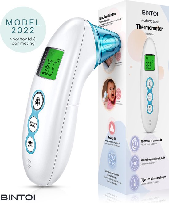 Bintoi® X100 - Thermomètre auriculaire digital - Thermomètre frontal infrarouge - Indicateur de température - thermomètre médical pour adultes et bébés - Corps du thermomètre digital - Mesure instantanée en 1 seconde - Piles incluses