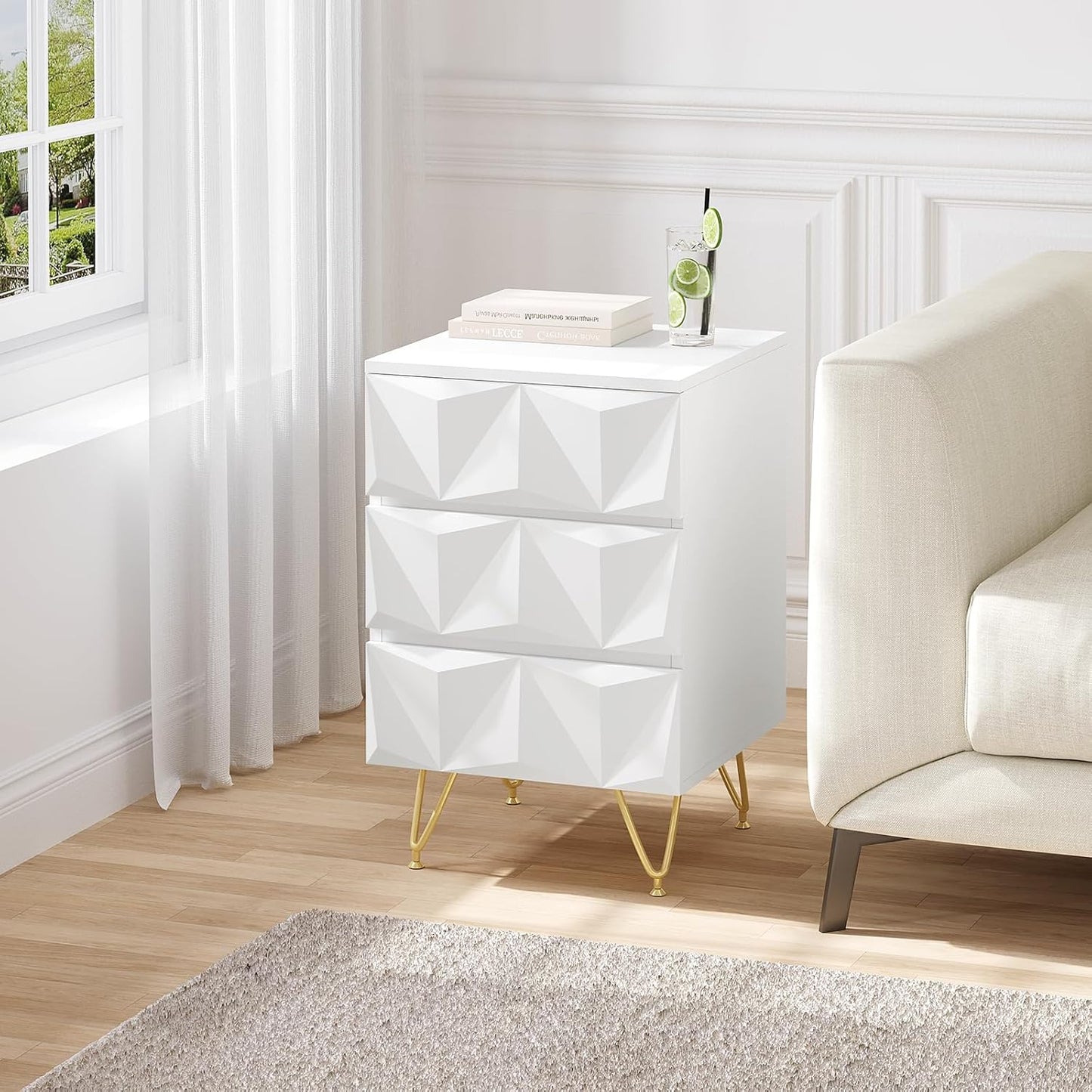 Eugad Table de chevet avec 3 tiroirs - 40x40x62,5 cm - Blanc avec or - Design 3D moderne