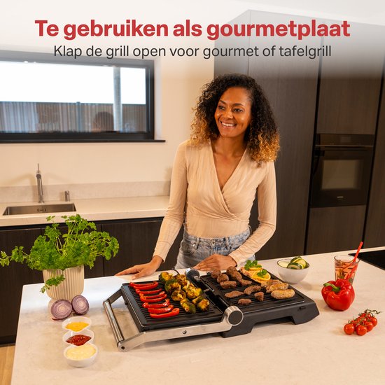 AoraKitchen Contact Grill - 180º Fold-out - Appareil à griller avec plaques amovibles - 7 supports - Fer à sandwich et à panini - 2000W