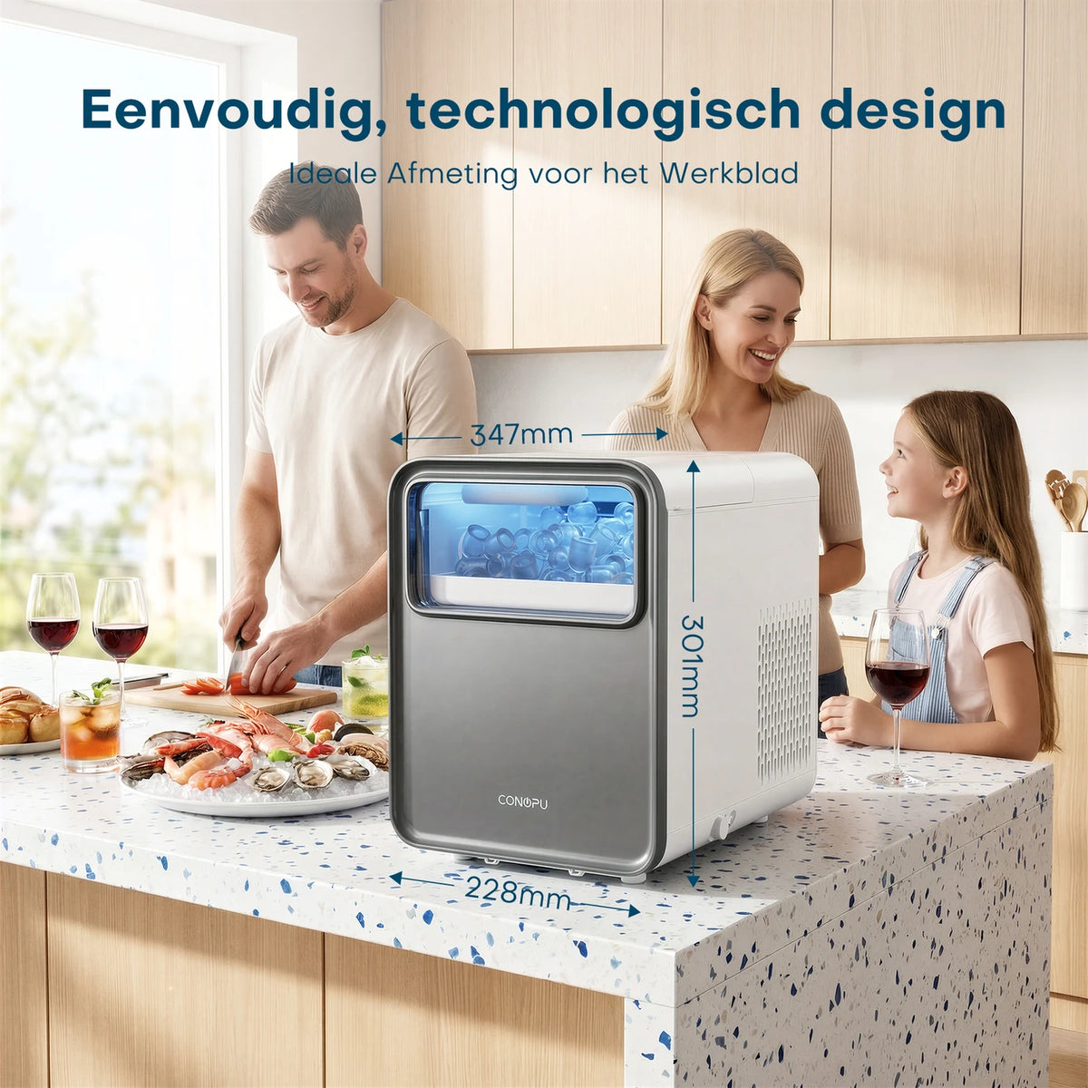 Machine à glaçons CONOPU – Autonettoyante, 9 glaçons sphériques en 6 à 8 min, 2 tailles de glaçons, 12 kg/jour, 1,5 L, silencieuse et compacte – 35 × 23 × 30 cm, bleu glacier
