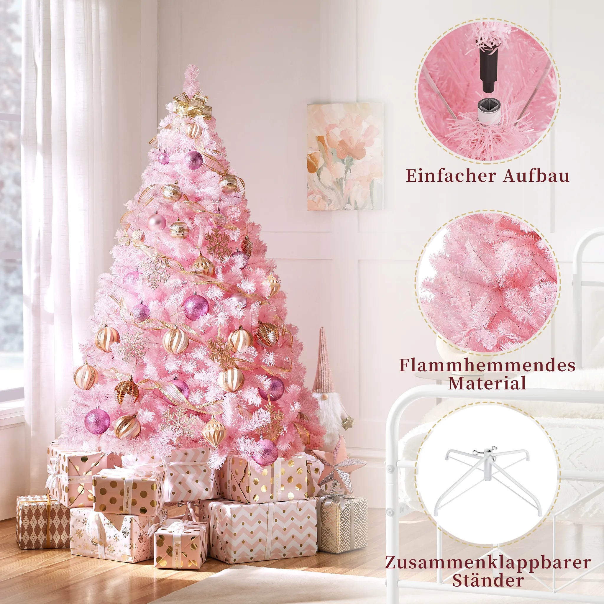 Yaheetech Arbre de Noël artificiel rose - 110 x 110 x 183 cm - avec 598 branches et une base métallique pliable et des capuchons en caoutchouc protecteurs - pour le salon et les vacances - PVC et métal rose