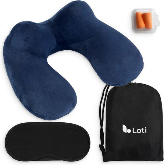 Loti Oreiller cervical gonflable 3 en 1 avec sac de rangement - Oreiller d'avion - Oreiller de voyage - Velours - Masque de sommeil et bouchons d'oreille inclus - Bleu