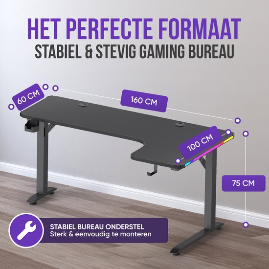 Bureau gaming Avalo - 160 x 100 x 75 cm - Bureau d'angle en L - Bureau gaming avec éclairage LED - Table - Noir - Angle à droite