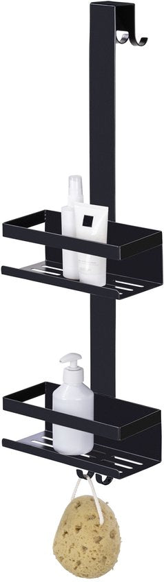 WENKO Support de douche Bribano Duo à 2 niveaux, en acier inoxydable noir mat, 23 x 71 cm - Support de douche sans perçage - Support de douche suspendu - Panier de douche - Panier de douche à suspendre