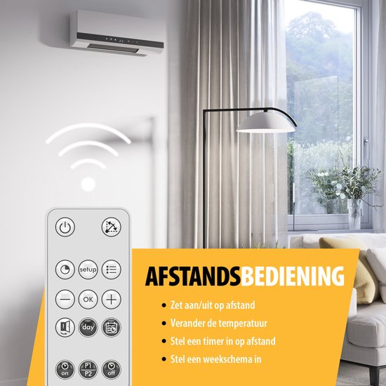 Tristar KA-5210 Poêle électrique en céramique - 2000W - avec minuterie, télécommande et fonction ventilateur - montage mural - économe en énergie
