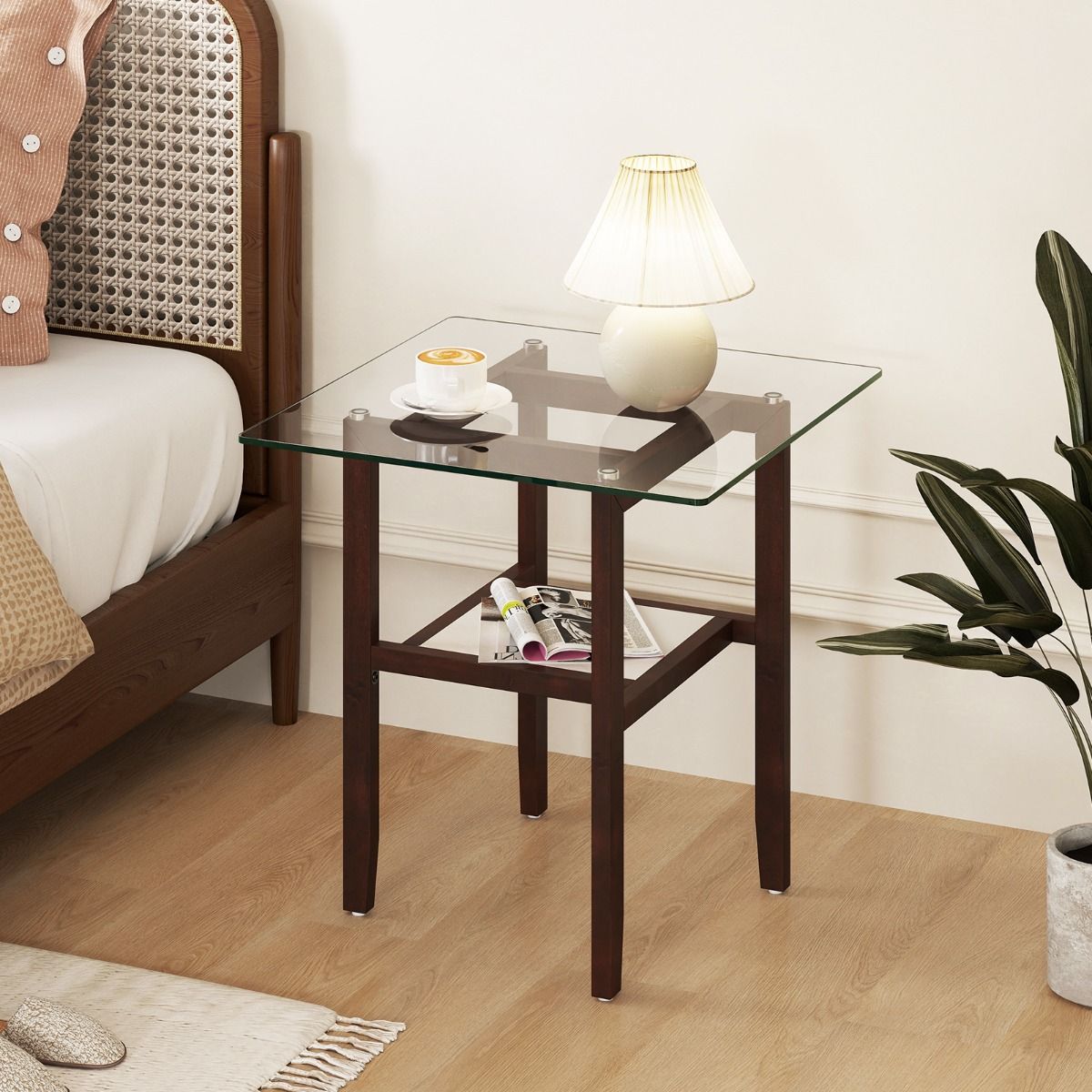 Coast Square Glass Side Table 61x61x62.5 cm Brown with Rubberwood Frame and Two Storage Levels