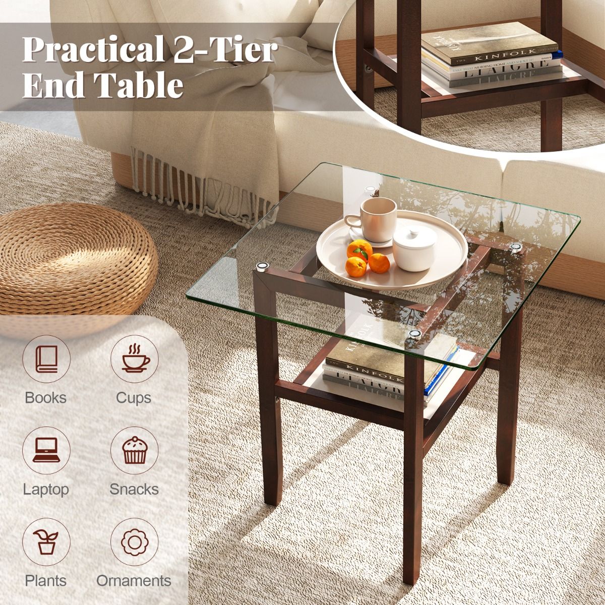 Coast Square Glass Side Table 61x61x62.5 cm Brown with Rubberwood Frame and Two Storage Levels