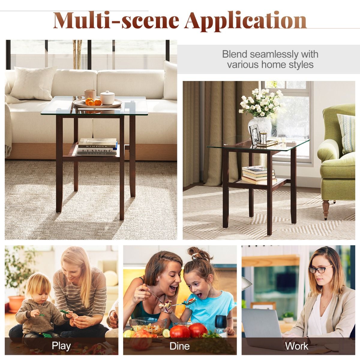 Coast Square Glass Side Table 61x61x62.5 cm Brown with Rubberwood Frame and Two Storage Levels