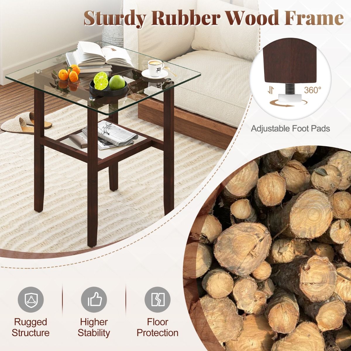 Coast Square Glass Side Table 61x61x62.5 cm Brown with Rubberwood Frame and Two Storage Levels