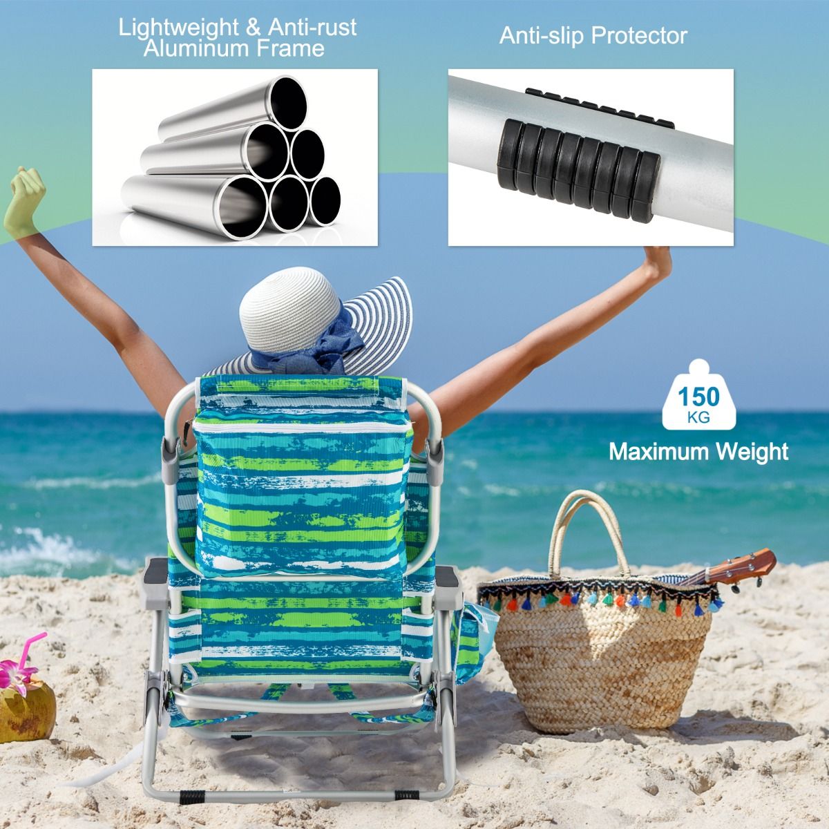 Chaise de plage Coast avec dossier réglable - 1 pièce - Max. 150 kg - 66 x 65 x 75 cm - Vert
