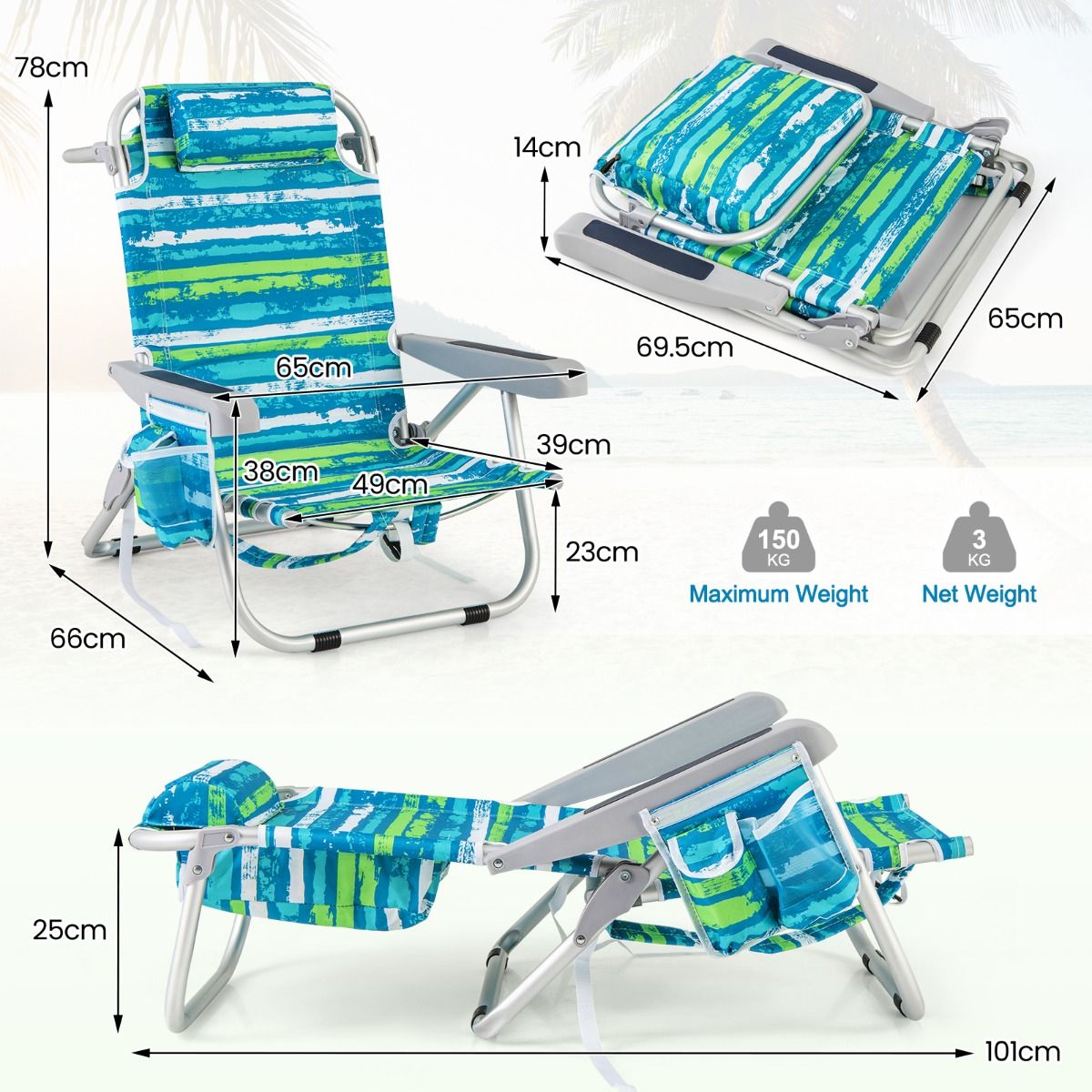 Chaise de plage Coast avec dossier réglable - 1 pièce - Max. 150 kg - 66 x 65 x 75 cm - Vert