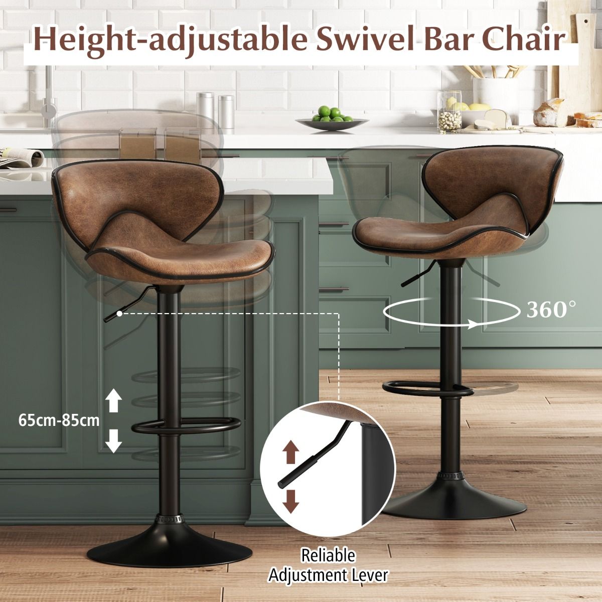 Coast set de 2 tabourets de bar pivotants avec dossier et repose-pieds - hauteur d'assise 65-85 cm - rotation 360° - métal et tissu - brun rustique - 45 x 53 x 81-101 cm