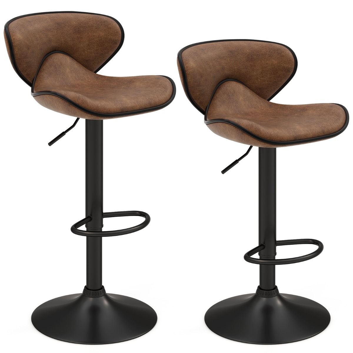 Coast set de 2 tabourets de bar pivotants avec dossier et repose-pieds - hauteur d'assise 65-85 cm - rotation 360° - métal et tissu - brun rustique - 45 x 53 x 81-101 cm
