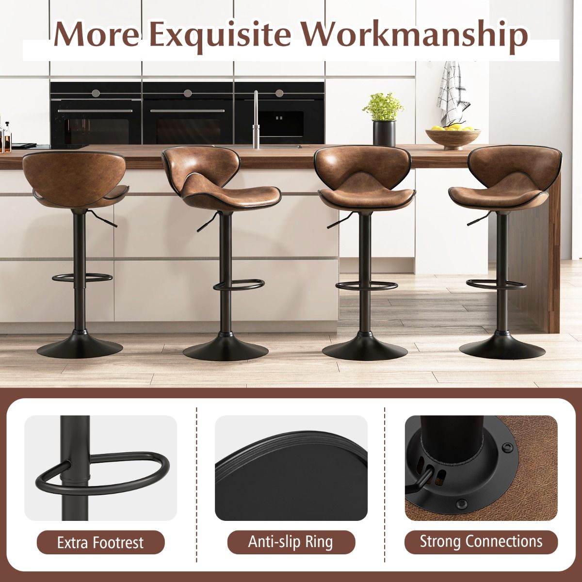 Coast set de 2 tabourets de bar pivotants avec dossier et repose-pieds - hauteur d'assise 65-85 cm - rotation 360° - métal et tissu - brun rustique - 45 x 53 x 81-101 cm