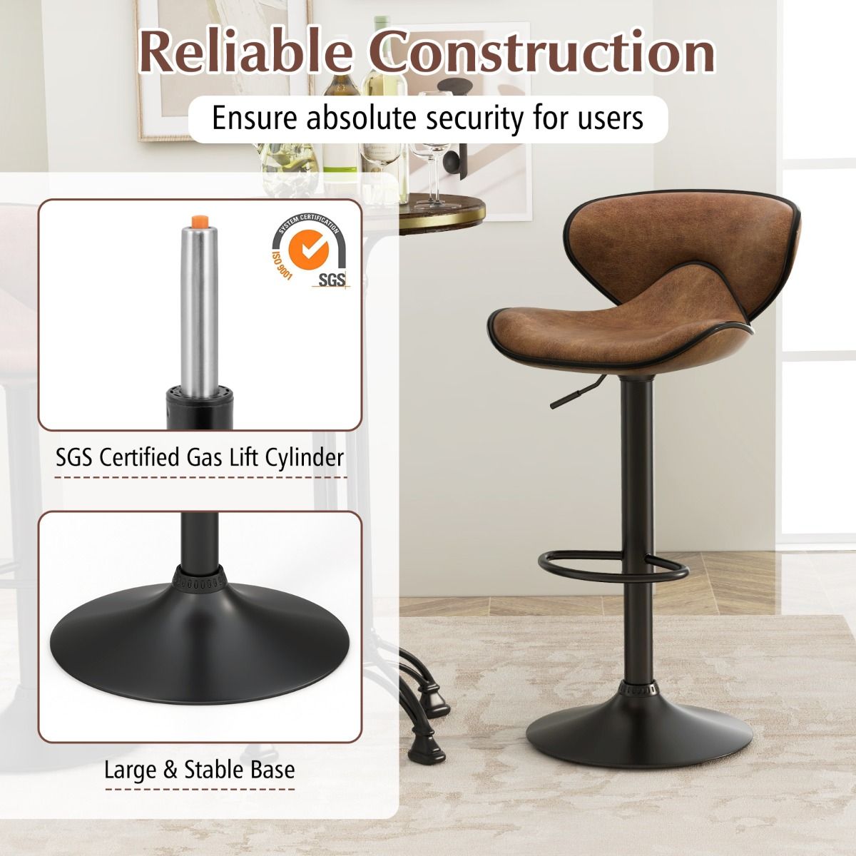 Coast set de 2 tabourets de bar pivotants avec dossier et repose-pieds - hauteur d'assise 65-85 cm - rotation 360° - métal et tissu - brun rustique - 45 x 53 x 81-101 cm