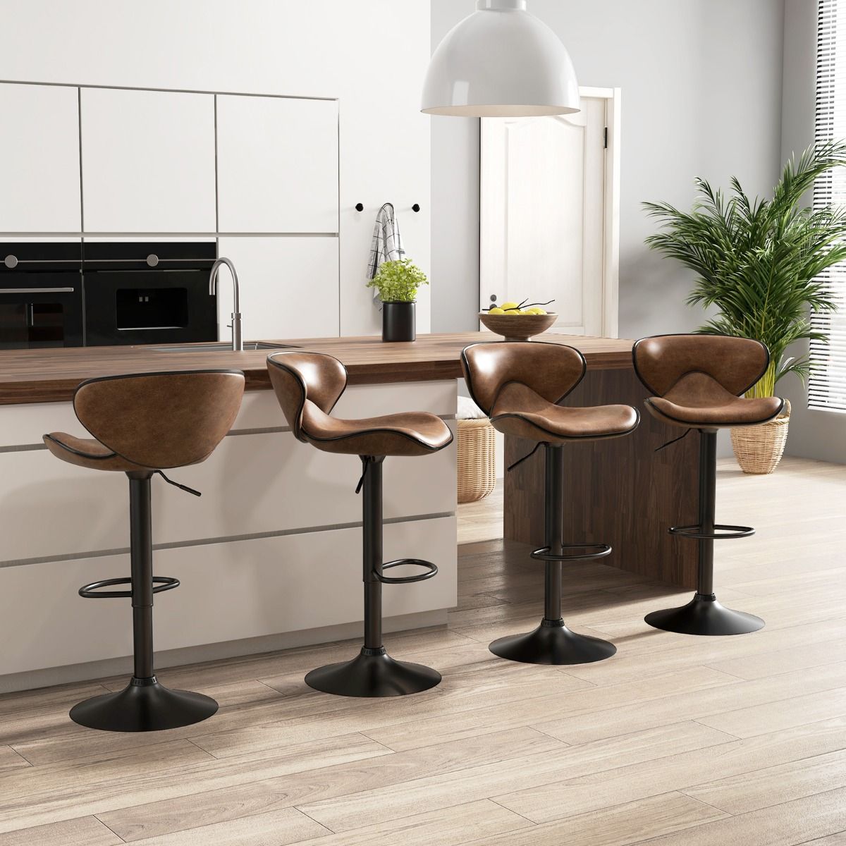 Coast set de 2 tabourets de bar pivotants avec dossier et repose-pieds - hauteur d'assise 65-85 cm - rotation 360° - métal et tissu - brun rustique - 45 x 53 x 81-101 cm