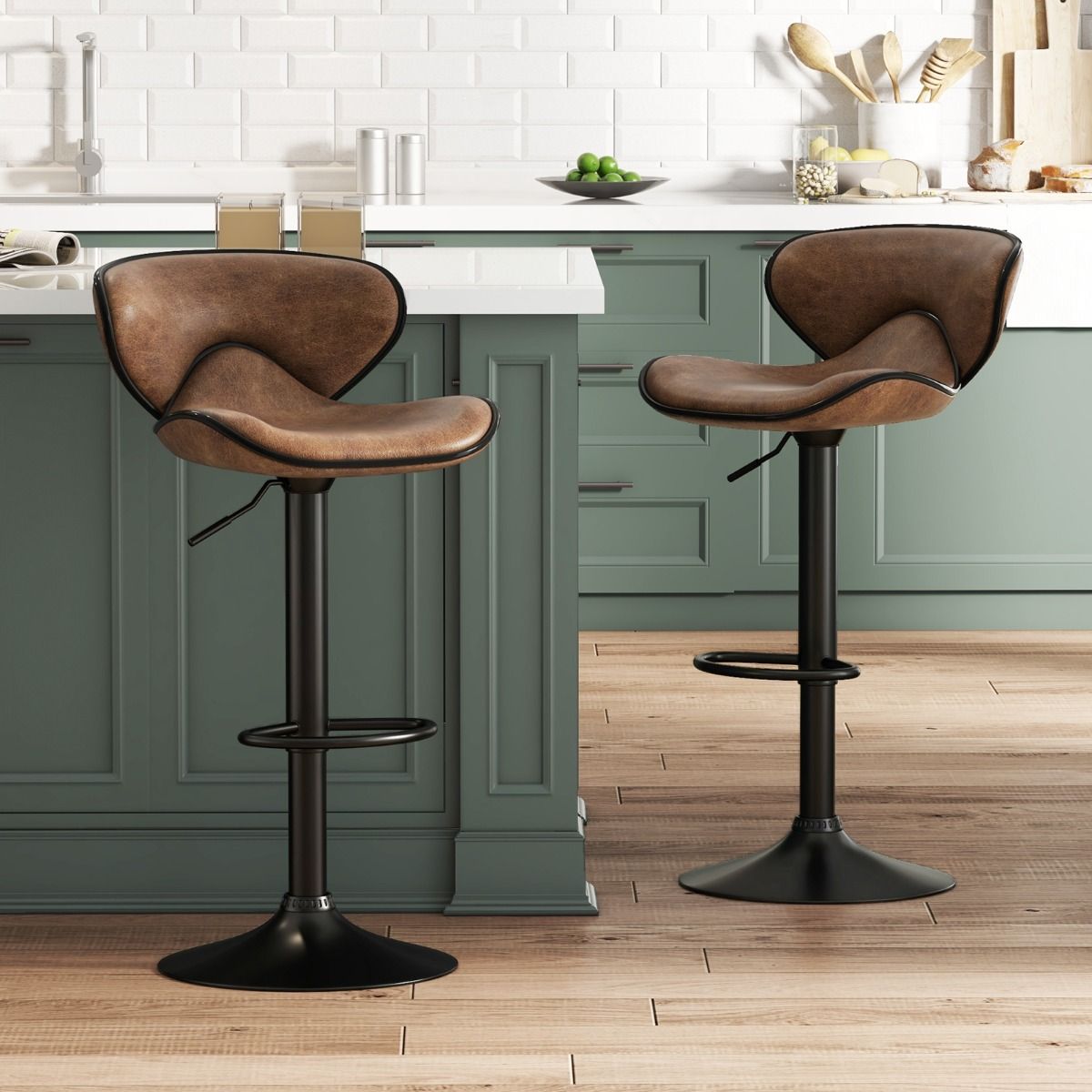 Coast set de 2 tabourets de bar pivotants avec dossier et repose-pieds - hauteur d'assise 65-85 cm - rotation 360° - métal et tissu - brun rustique - 45 x 53 x 81-101 cm