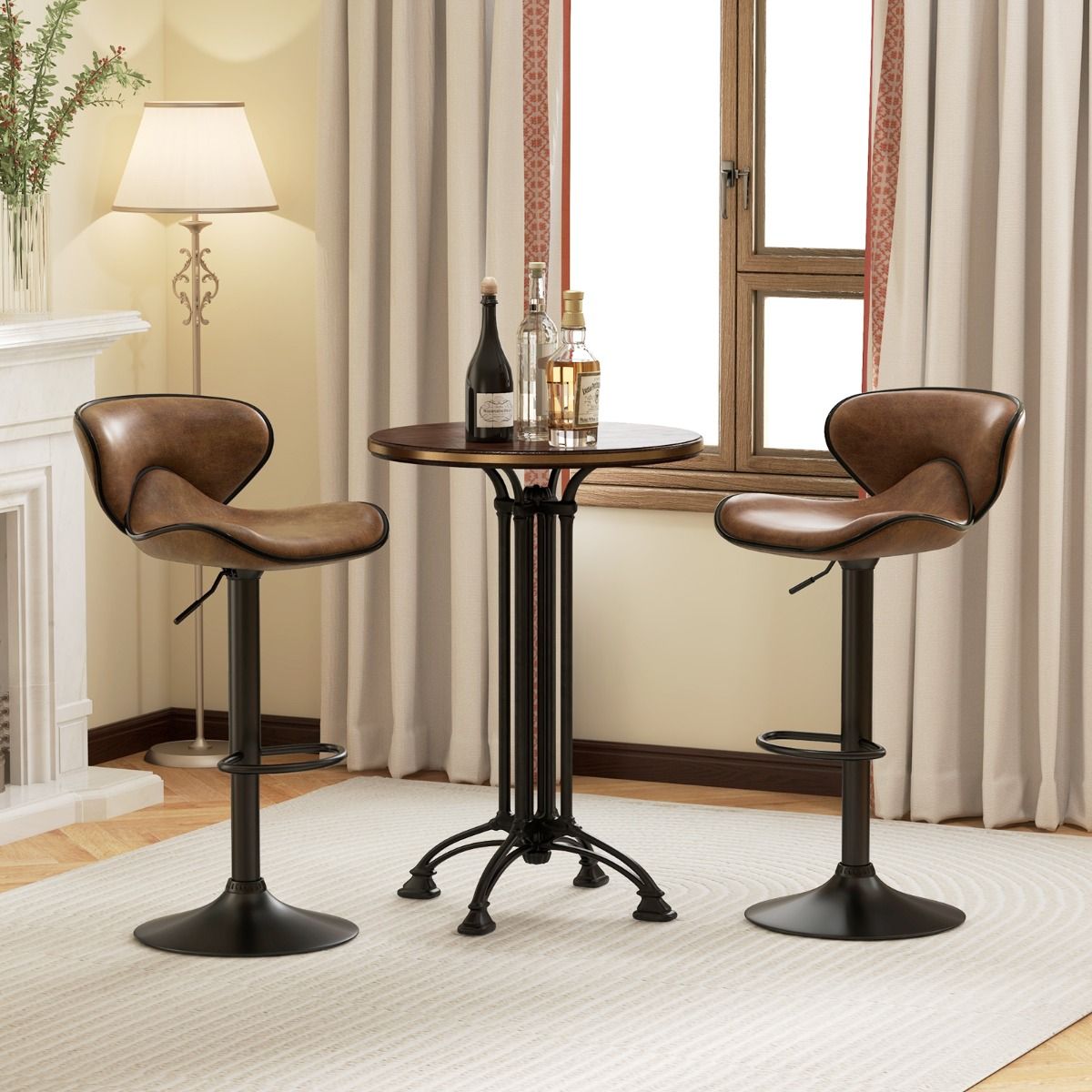 Coast set de 2 tabourets de bar pivotants avec dossier et repose-pieds - hauteur d'assise 65-85 cm - rotation 360° - métal et tissu - brun rustique - 45 x 53 x 81-101 cm