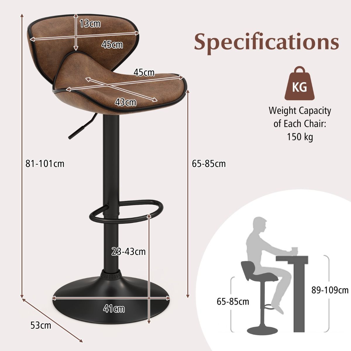 Coast set de 2 tabourets de bar pivotants avec dossier et repose-pieds - hauteur d'assise 65-85 cm - rotation 360° - métal et tissu - brun rustique - 45 x 53 x 81-101 cm