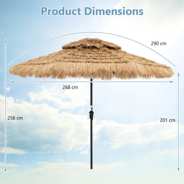Coast Parasol hawaïen - Ø 270 cm, 32 LED, 35° inclinable - 270 x 256 cm - PP/Polyester/Métal - Naturel