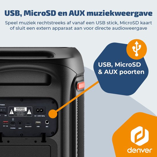 Enceinte Bluetooth Denver Party Box - Lumières disco - Party Box - Microphone inclus - Haut-parleur - BPS370