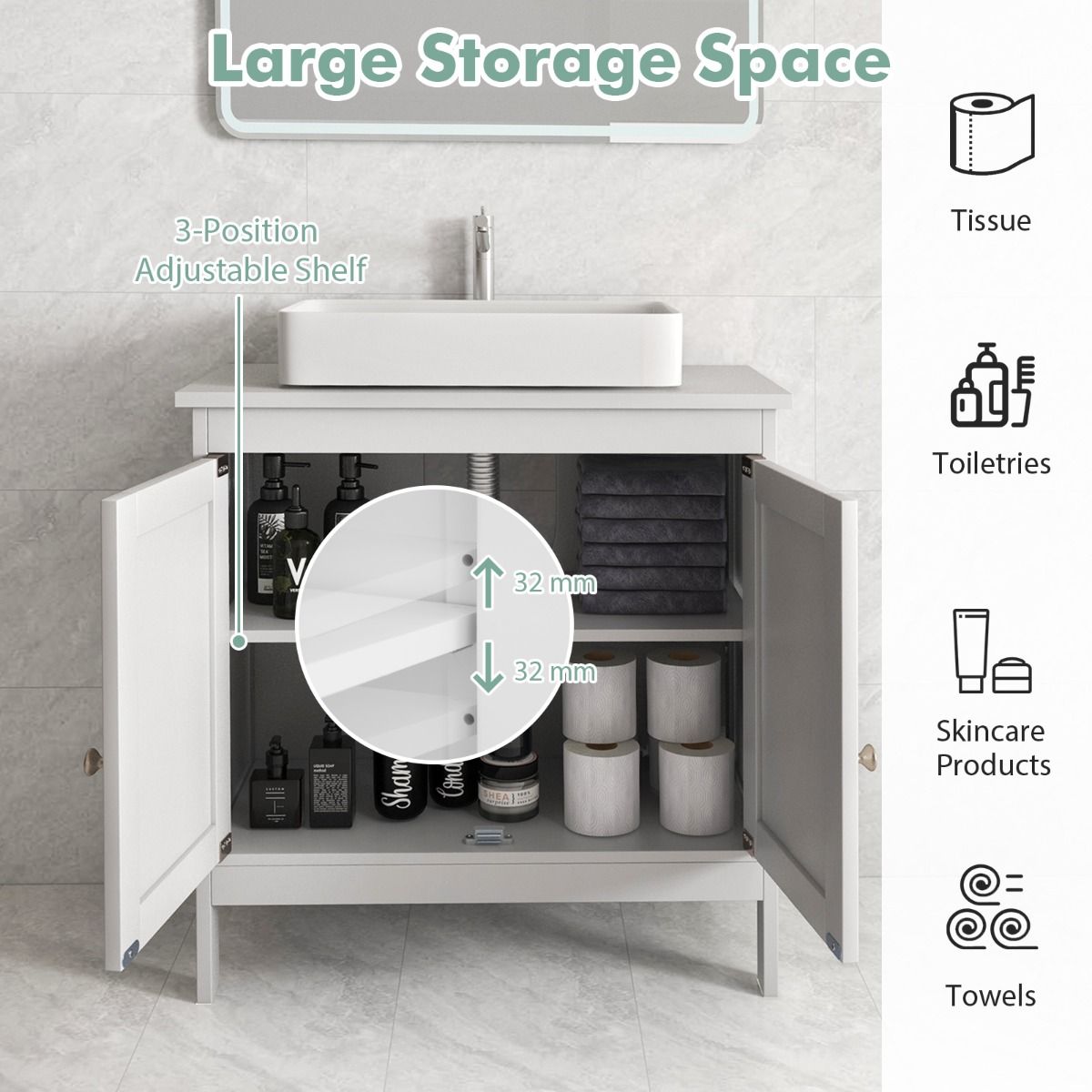 Coast Base Cabinet Sink - 60x30x62 cm - White - Armoire de salle de bain avec 2 portes et étagère réglable