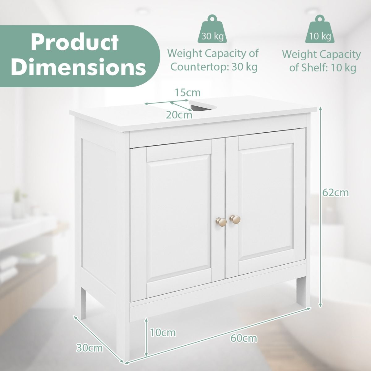 Coast Base Cabinet Sink - 60x30x62 cm - White - Armoire de salle de bain avec 2 portes et étagère réglable