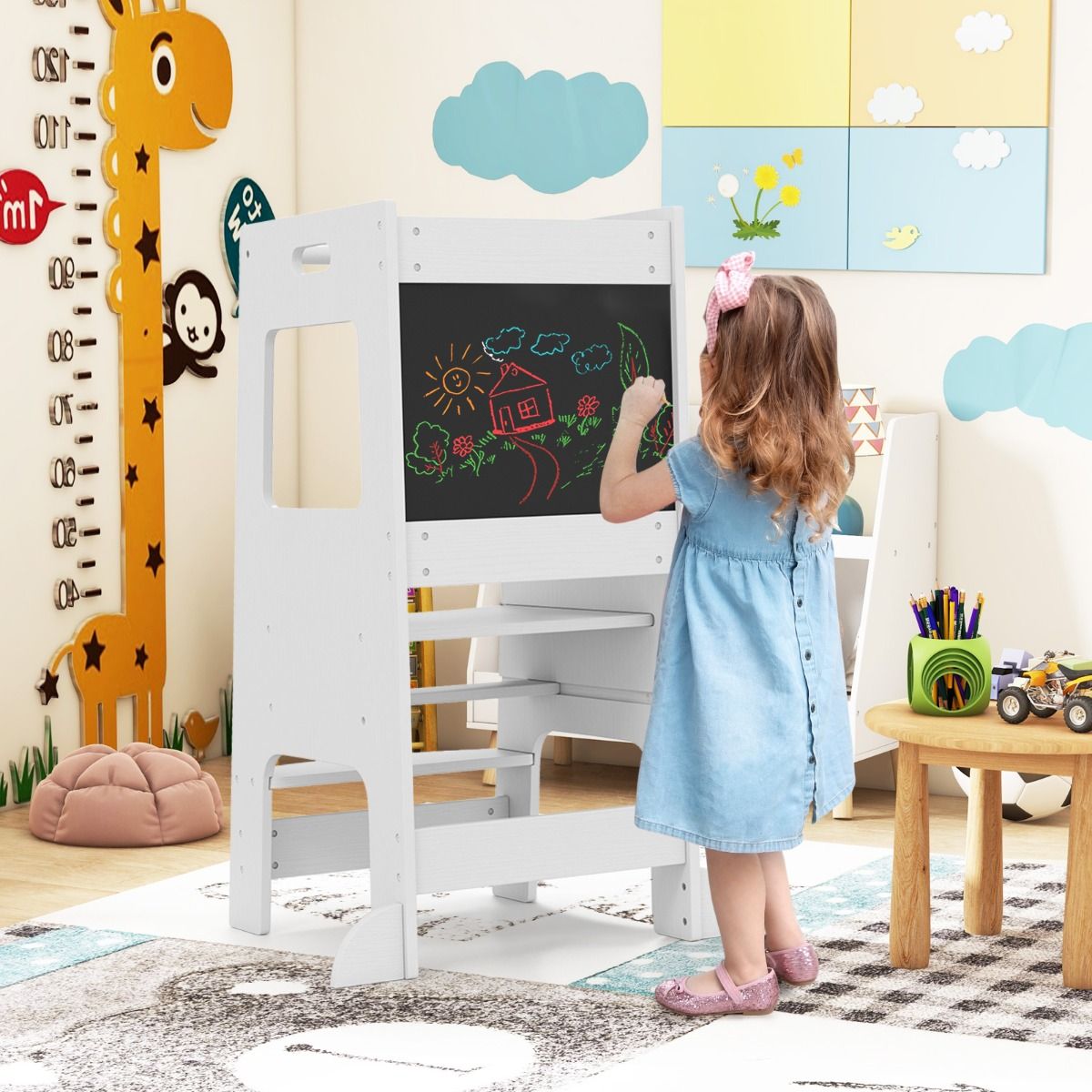 Coast Kitchen Steps for Toddlers - Tabouret en bois pour enfants avec tableau d'activités - Réglable 30/40 cm - Rail de sécurité - Blanc 60 x 49 x 91.5 cm
