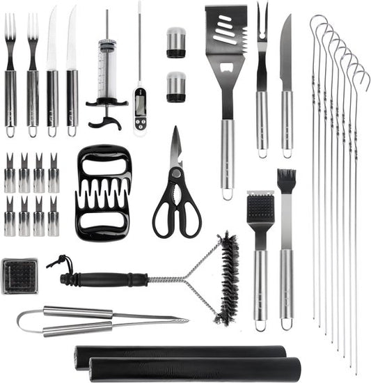 TTD® Premium BBQ Accessories Set 40-Piece - BBQ Tool Set Stainless Steel - Barbecue Accessories - BBQ tongs - BBQ spatula - Including BBQ Thermometer and Cleaning Brush - Includes Storage Bag