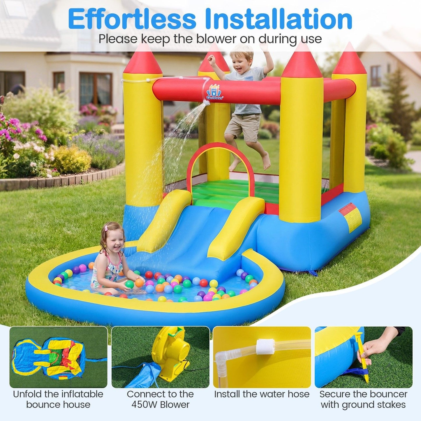 Château gonflable Coast 3-en-1 avec toboggan et piscine à balles - 362 x 196,5 x 193 cm - Multicolore