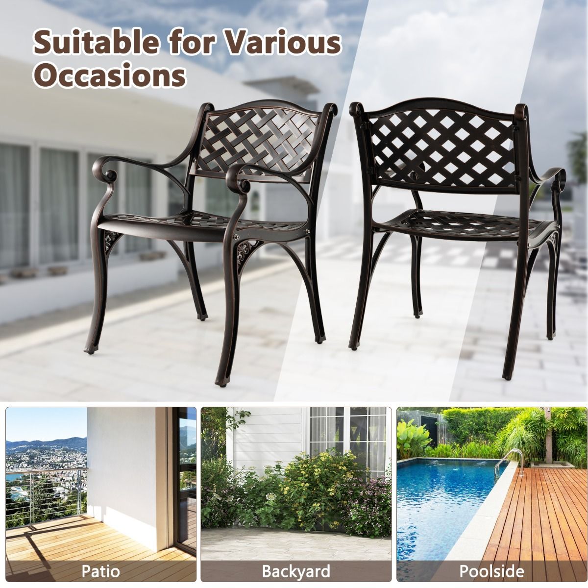 Coast Set of 2 Garden Chairs Bronze 60x56.5x82 cm - Chaises de terrasse en fonte d'aluminium résistantes aux intempéries avec accoudoirs pour le jardin, le balcon et l'arrière-cour