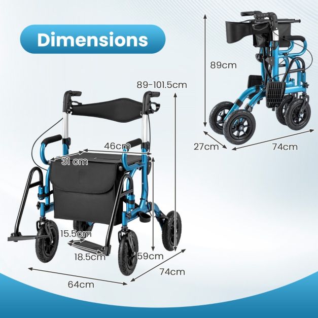 Coast 2-In-1 Rollator - Aide à la marche - Ajustable - Avec sac - Noir/Bleu