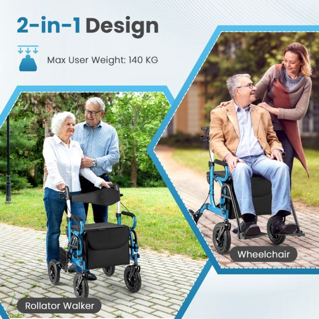 Coast 2-In-1 Rollator - Aide à la marche - Ajustable - Avec sac - Noir/Bleu