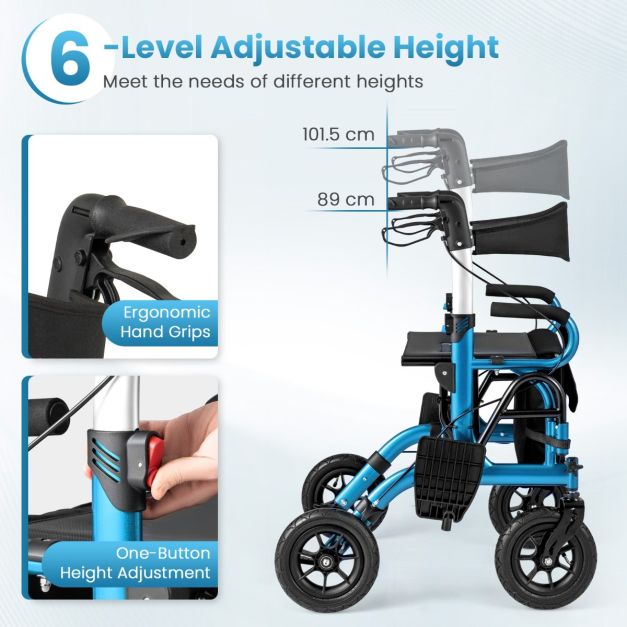 Coast 2-In-1 Rollator - Aide à la marche - Ajustable - Avec sac - Noir/Bleu