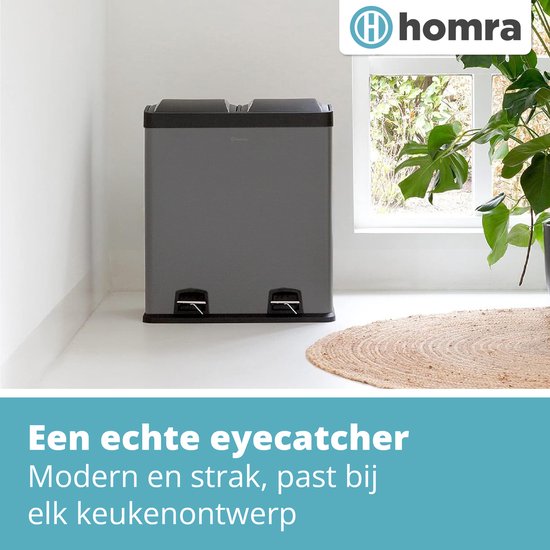 Homra NEVIQ Poubelle à tri sélectif AVEC 2 compartiments - Capacité 2 x 30 L - Poubelle à pédale duo - Gris