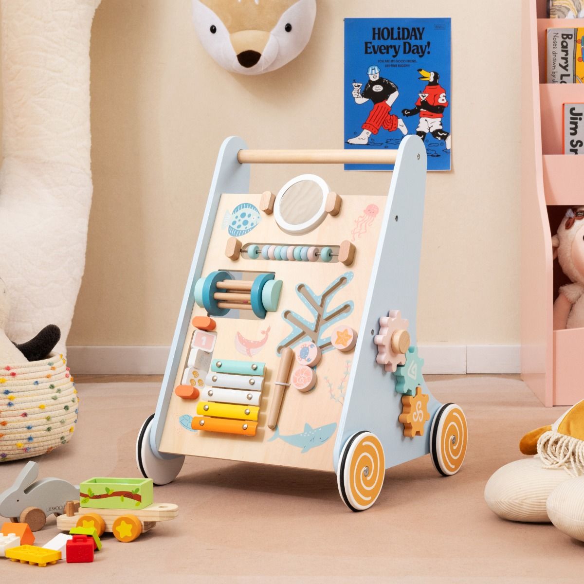 Coast Wooden Baby Rollator Montessori Activity Centre on Wheels - 8-in-1 Push & Pull Toy - Blue - 35 x 33 x 48 cm