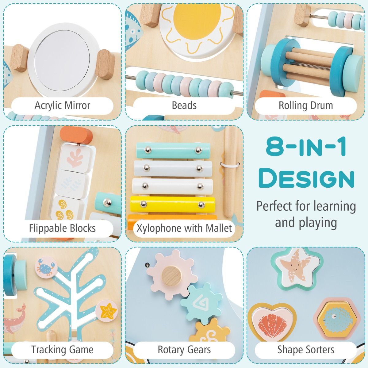 Coast Wooden Baby Rollator Montessori Activity Centre on Wheels - 8-in-1 Push & Pull Toy - Blue - 35 x 33 x 48 cm