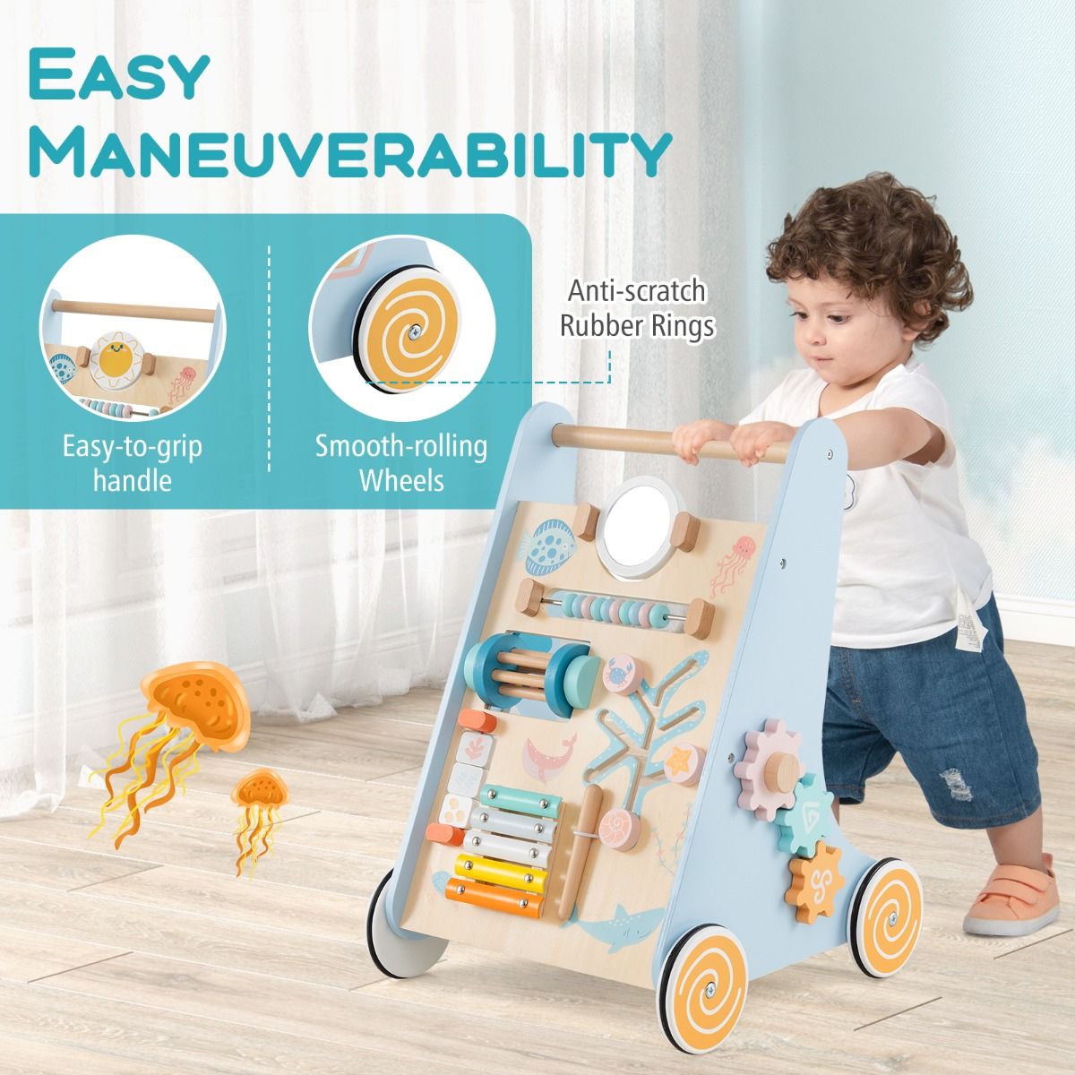 Coast Wooden Baby Rollator Montessori Activity Centre on Wheels - 8-in-1 Push & Pull Toy - Blue - 35 x 33 x 48 cm